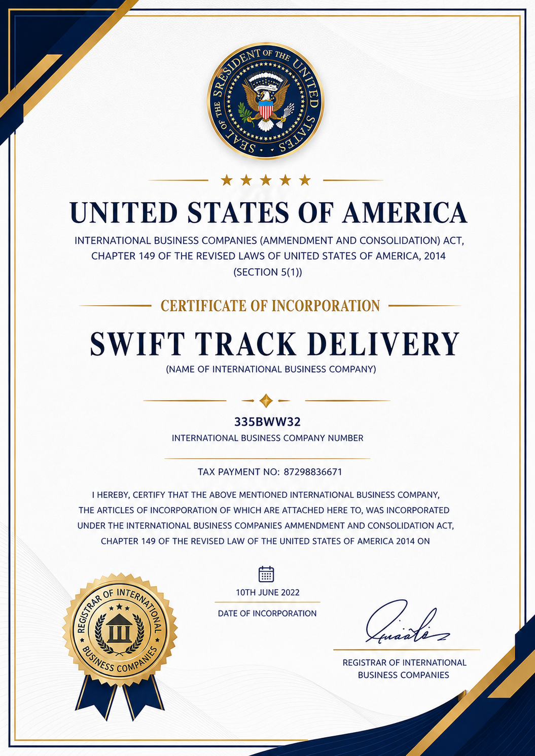 Swift Track Delivery official registration certificate